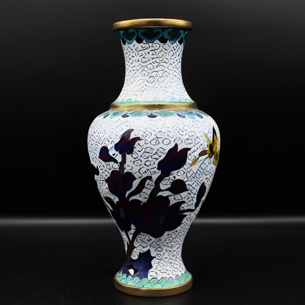 Vintage Brass Cloisonne Flower Vase Enamel Chinoiserie Style Floral Design Decor